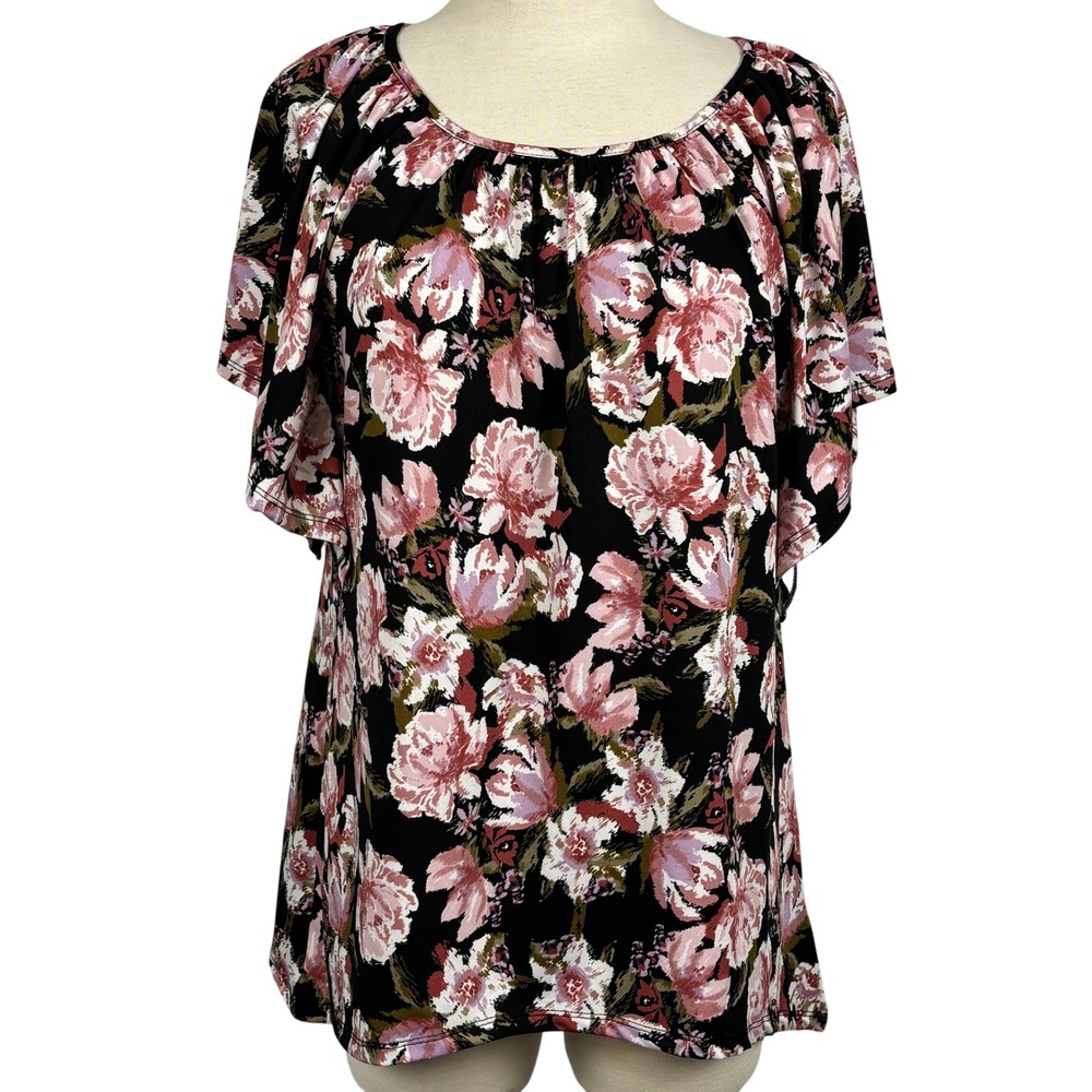 Counterparts Floral Blouse‎ Womens S Black Pink Dolman Sleeve Stretch Top